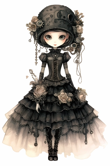 watercolor mixed media goth steampunk bride girl entire body and bridesmaids in goth steampunk wedding decor illustration clipart by holly hobbie