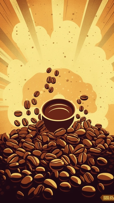 clip art of coffee beans dissolving into the sun, in the style of a retro poster
