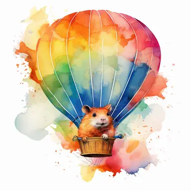 An enchanting clip art watercolor illustration showcasing a Guinea pig embarking on a whimsical journey in a hot air balloon, as it gracefully ascends through a vibrant and colorful sky. The clip art style brings a sense of playfulness and imagination, while the watercolor elements enhance the textures and tones in the artwork, creating a captivating and dreamlike composition that evokes a sense of awe and adventure. Clip art with watercolor details,