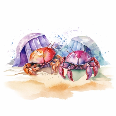 colorful hermit crabs on the beach clipart, vibrant, watercolor style, white background