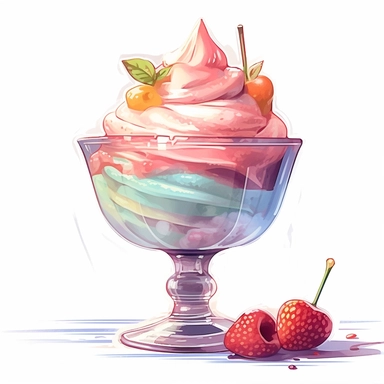 a drawing of a dessert featuring candy and whipped cream, icecream sundae, glass bowl, in the style of pastel toned, shiny/glossy, colorful fantasy realism, caffenol developing, warmcore, #screenshotsaturday, rubens, white background, isolated, free brush