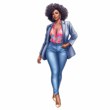 realistic illustration of a beautiful plus size african american woman wearing jeans, white crop-top and a bold blazer in vivid color, afro hair, beautiful earrings, perfect make-up, full body visible, self-confident, clipart, isolated on white background