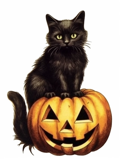 vintage style clipart with white background, cute halloween black cat, clearly defined separated image, high quality