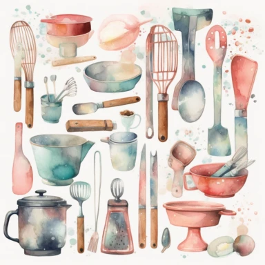 Create a watercolor clipart set of kitchen utensils and tools, including knives, spatulas, ladles, and measuring cups. Use pastel colors and subtle shading to give the images a soft, elegant look, white background