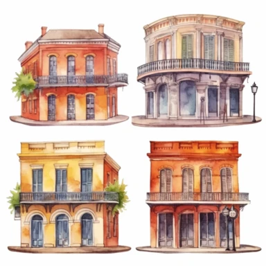 watercolor New Orleans French quarter style buildings, illustrations clipart set, simple, , cartoon elements ,different variants , separate elements with a margin
