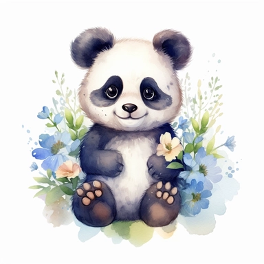 Cute fluffy panda clipart illustration on white background, cartoon art nouveau watercolor