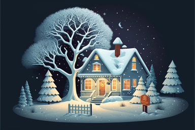 Stunning Vector clip art Christmas scene. frosty winter evening, snow is falling gently outside. The Christmas scene is one of festive cheer, as a cozy house is adorned with twinkling Christmas lights and colorful decorations. A tall Christmas tree with ornaments, gifts, decorations stands proudly in the front yard, its branches glistening with snow. The house itself is a picture of holiday cheer. Its windows are adorned with wreaths and garlands, and a wisp of smoke curls from the chimney. The 
