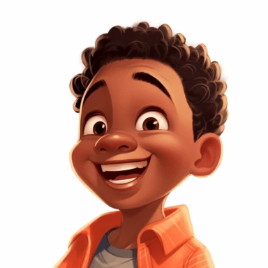 A happy little dark skinned boy with orange shirt, fresh fade haircut, laughing, disney clip art