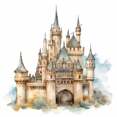 one castle Watercolor clipart on a white background, in the style of realistic and hyper-detailed renderings, muralist, distressed materials, uhd image, ps1 graphics, detailed character design, large scale murals, no watermark, text, 300 DPI , typography, shapes do not stick together, no text in the picture, on a white background