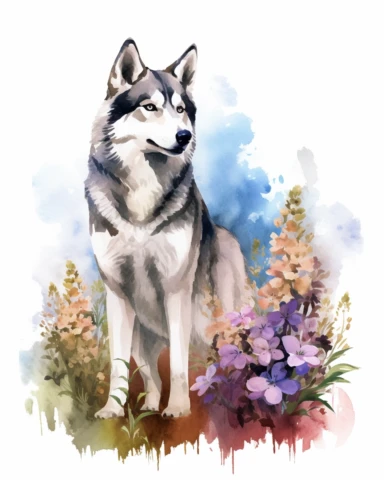 detailed watercolor husky standing on flowers , realistic, isolated on a white background, clipart