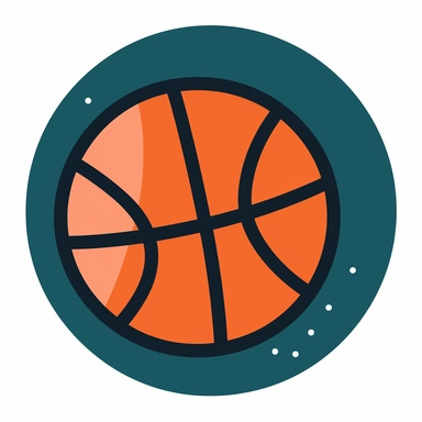 a circular clipart style simple cartoon icon with a basketball and a hoop