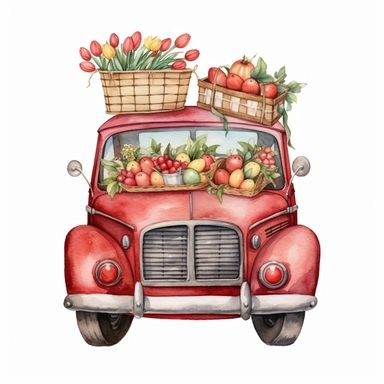 easter basket watercolor clipart & clip art, in the style of light red and dark gray, narrative paneling, classic american cars, uhd image, hand lettering, depiction of rural life, wood
