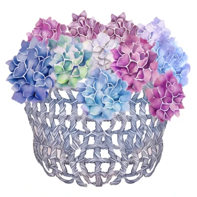 Design a dreamy watercolor clipart of japanese-inspired crips net basket with Hydrangea blooms in shades of blue, pink, and purple arranged in a lush arrangement composition, hand-painted with soft and graceful brushstrokes. Draw inspiration from the artistic finesse of Ethereal Petals Watercolors for a refined and ethereal depiction. isolated on a white background, hand-drawn illustration, hand-painted watercolor texture, 16k UHD resolution, intricately detailed, sharp focal points, designed by