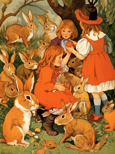 a clipart picture of a rabbit with many kids, in the style of dorothy johnstone, nostalgic paintings, colorful animation stills, angela barrett, karen wallis, orange and brown, pseudo-historical fiction