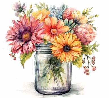 realistic burnished watercolored pencil summer flowers in a mason jar vase clipart, big boquet of colorful flowers, hd, detailed, on white background, spaced out