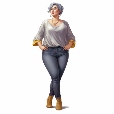 Realistic watercolor full body glamourous fat woman with casual blouse and jeans and heels, beautiful fat woman face with long eyelashes glamourous style, 35 year old lady with grey short hair, clipart, cozy, bright warm colors, 1500x500 pixels, Lady, Jea