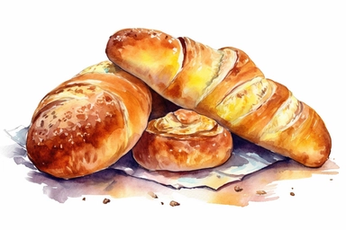 watercolor french bread clipart, hd, isolated on white background, spaced out