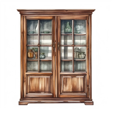 watercolor, hyper realistic, white background, white margins, 16k, ultra detailed clipart, cut out image, hand-drawn vintage wooden cupboard with a warm brown finish and glass doors,