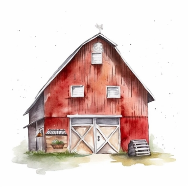 Barn, watercolor, doodle,fable, child book, clip art, transparent background, 300 dpi, nursery illustration, minimalist, vector illustration, optimistic