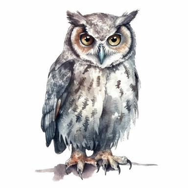 A Cute Happy Owl Standing.Watercolor hyper-realistic detailed animal illustrations, elegant inking techniques, delicate markings, monochromatic paintings, free brushwork, watercolor illustrations, painted illustrations Clipart, White Background