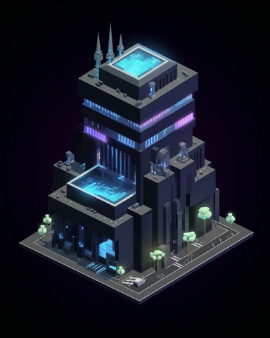 isometric clean pixel art image, game sprite, futuristic random public building concept, gaming asset, sci-fi, fun, creative, cartoon, clipart, hyper-detailed, black background,