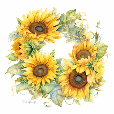 Watercolor Painting of beautiful multi - headed Sunflower Wreath FLOWERS on white background DETAILED ILUSTRATION, Flora Design Patterns, Flemish Baroque by Rachel Ruysch, Behance, Rococo, Intricate Detailed, Soft Light Effect, Oil Paint Strokes, Light Academia Aesthetic Flowers, Lighting cinematic, all shown shimmering stamens, tyndall light, texture, colorful, 8k, fantasy, ray tracing, vivid, spectacular lighting, octane rendering, highly detailed, ultra - realistic, white background, clipart