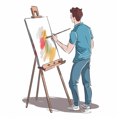 color drawing of a person painting a picture on an easel. The style is simplistic and used for clipart and thumbnail. Plain white background.