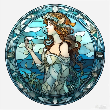 Stained Glass Aquarius Queen Sublimation Clipart,Cartoon,hyper realistic, intricate detail, illustration style,high solution,on the white background,