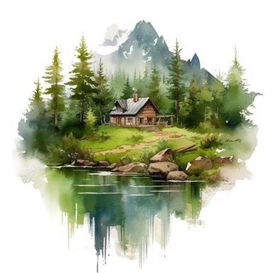 Watercolor Mountain far away, Forest House Near Lake Clipart