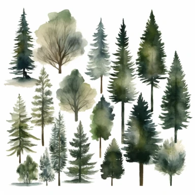 A collection of evergreen tree silhouettes on white forgound, white backgound with margins, watercolor clipart