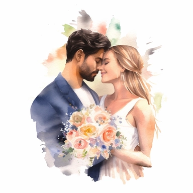 beautiful watercolor fun, happy and cute photorealistic white wedding couple, decorated in big pastel and light colors flowers in the style of aquarelist, wedding illustrations award winner, wedding clipart, 8k, white background, intricate details illustrations very detailed, uhd exquisite clothing detail, rimel neffati