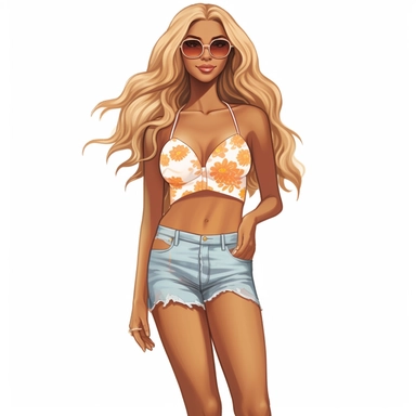 Create a realistic clip art of an African American woman in her mid-twenties with long wavy sandy brown and blonde hair, dressed in a two-piece bikini with a floral-colored top and a complementing shade for the bottom. She should be tall, have a curvy figure and have hips that are prominently displayed with a gentle curve to them. Her skin tone should be medium to dark and have a confident and attractive demeanor.