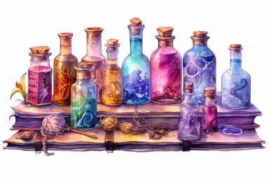 Create a watercolor clipart of an extraordinary magic elixir table with intricate carvings and glowing runes, displaying a variety of elixirs in whimsically shaped bottles, accompanied by spellbooks filled with arcane symbols and knowledge, viewed from a slightly tilted perspective, hd, spaced out, on a white background