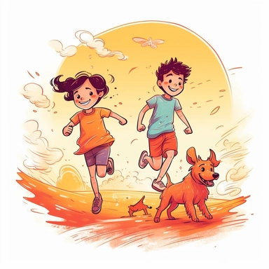 Little cute girl and boy running with dog, smiling, summer sunny day, children storybook illustration. 2d, vibrant luminous colors, flat style, ink Lines, clipart, white empty background, sharp, high resolution, blue pink orange warm