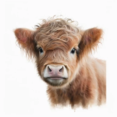 Cute head of a baby highland cow, adorable, watercolour clipart, absolutely nothing in the background just a white plain background, long hair, light colours