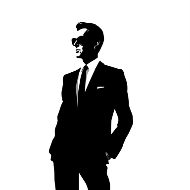 a silhouette of a businessman is featured, in the style of mid-century illustration, minimalist monochromes, celebrity-portraits, 1960s, editorial illustrations, elegant clothing, white background, clipart