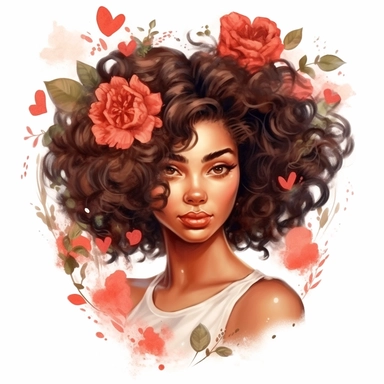 ultra detailed Black Girl Self Love Clipart, solid white background, cozy outfit, beautiful hair, super cute , super hot, self love, peaceful, heart, watercolor, floral, contour, PHOTOREALISM portrait , by ANIMATION