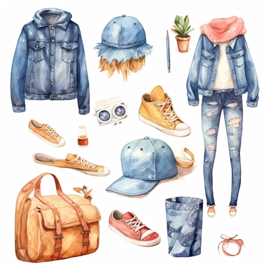 elements of cute Korean style t-shirts, blouses, jeans, purses , flat shoes, sneakers, hats, dresses, skirts for a cute sweet girl cliparts in watercolor on white background