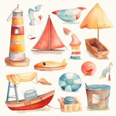 Create a collection of delightful watercolor-style kids beach toys illustrations with a vector-based design, featuring simple, clean lines. These charming clipart images should be suitable for use in an Etsy store, appealing to customers looking for a whimsical, hand-painted aesthetic for their projects