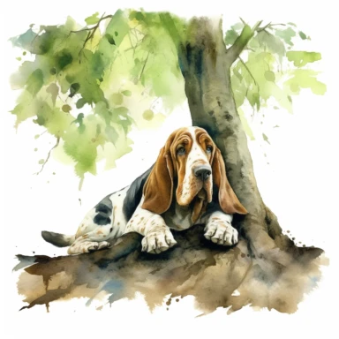 Serene Basset Hound lounging under a shady tree, with droopy ears and a calm expression, white background, watercolor clipart