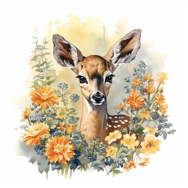 a doe surrounded by flowers, 1970s children's book illustration, clipart, white background