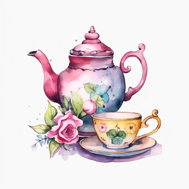 a Cute little a tea set, alice in wonderland inspired mad hatter tea party , Watercolor Clipart,white background Clipart ,single design, single object, watercolor illustration by Lizzie Mackay ,print on demand image, PNG transparent background, white background for removing background