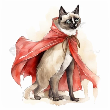 A clipart of a Siamese cat wearing a red riding cloak and riding a wolf, just like in the fairytale of Little Red Riding Hood, watercolor style, realistic, bright colors, 300 dpi, 8k, white and clear background