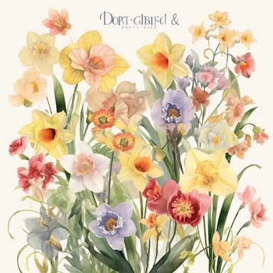 Create a breathtaking collection of ultra-detailed Watercolor Spring Flowers, capturing the essence of the vibrant and blossoming season. Showcase an array of enchanting spring blooms, from delicate daffodils to a variety of wild flowers, each delicately painted in watercolor. Embrace the soft pastel palette of spring, with gentle hues of pinks, purples, yellows, and greens that evoke a sense of freshness and renewal. Pay meticulous attention to detail, ensuring that each flower is meticulously 