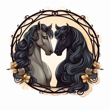 Cartoon black horse couple love portrait frame clipart, anime, high detail, illustration style, high solution, on the white background