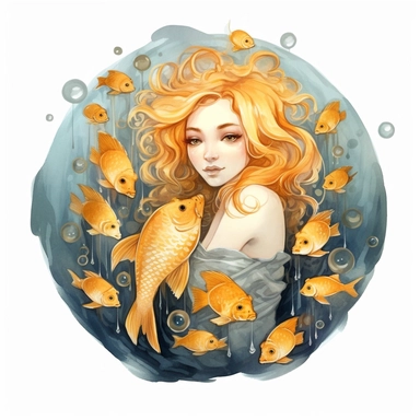 Pisces zodiac sign as fantasy cute girl surrounded by two golden fish, water theme, Watercolor pisces Zodiac Sign Clipart, 8k, detailed white background, uplighted