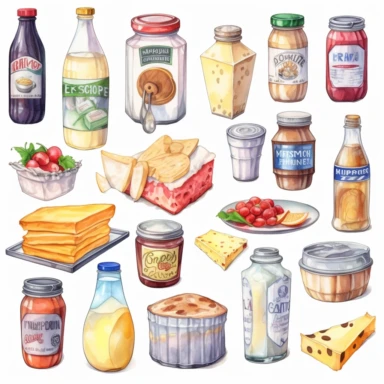 watercolor, Organic dairy products set. Fresh milk drinks, cheese, butter, ice cream, yogurt. Different natural food and beverages in packs and bottles. png Full body realistic cartoon in 32K UHD cute. 15 cm thick outline. Black color. There was no shadow on the ground. 8k with realistic watercolors and detailed illustrations. PNG clipart, transparent white background