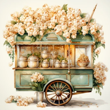 A realistic high detailed watercolor wedding popcorn machine, pastel colors, in the style of digital print, clipart, illustration, sticker, ultra high definition, rich details, 32K, HD