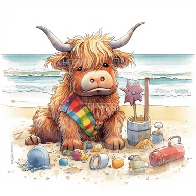Baby Highland Cow play in the beach with beach toys, highly detailed, cartoon, watercolor, clipart, illustration, white background, digital painting, paper crafting, no signature, no text