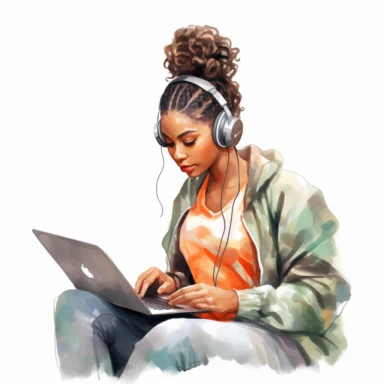 watercolor gorgeous black woman clipart, woman studying with a laptop open, typing away or focused on the screen, dark brown skinned, melanin, white background, detailed features, different pose, 32k, full body, side pose, teen, highly detailed
